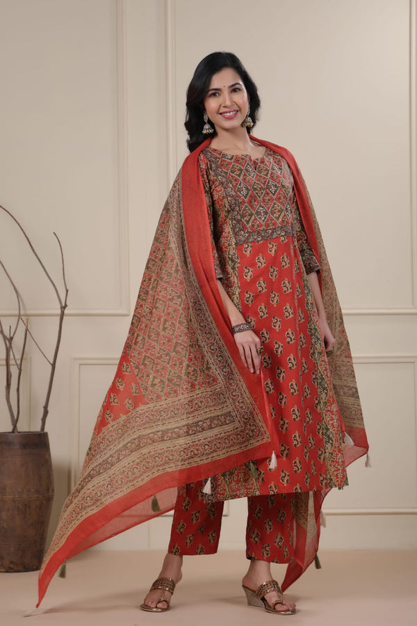 Red Kalamkari Pure Cotton Suit Set