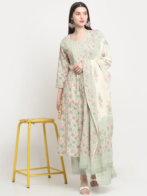 Mint Green & Pink Floral Cotton Kurta Set