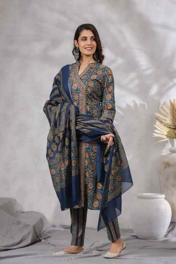 Peacock Blue Angrakha Floral Suit Set