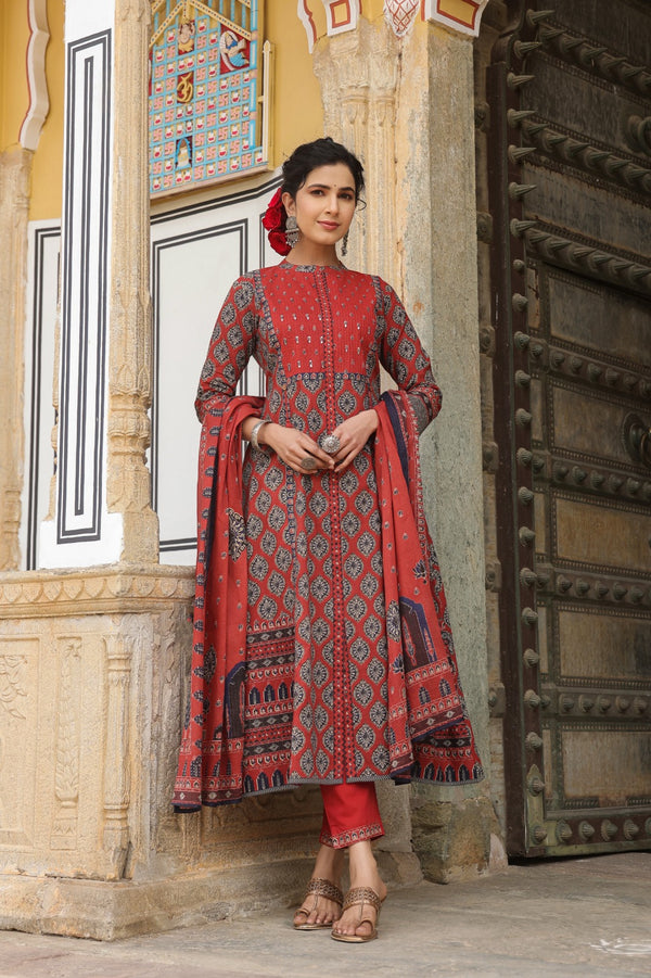 Deep Red A-line Suit with Ethnic Motifs