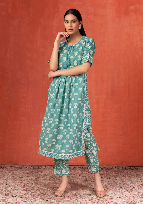 Teal Elegance Cotton Kurta and Pants Set