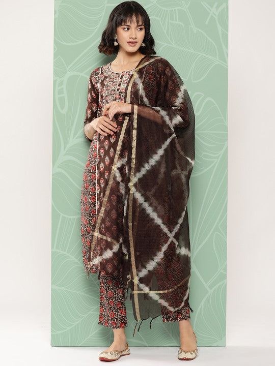 Rich brown kurta adorned with culturally inspired ethnic motifs with Pants and Dupatta