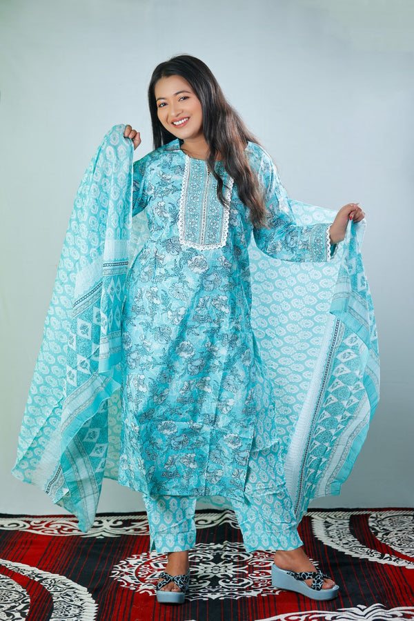 Aqua Blue Floral Printed Kurta with Pants and Dupatta