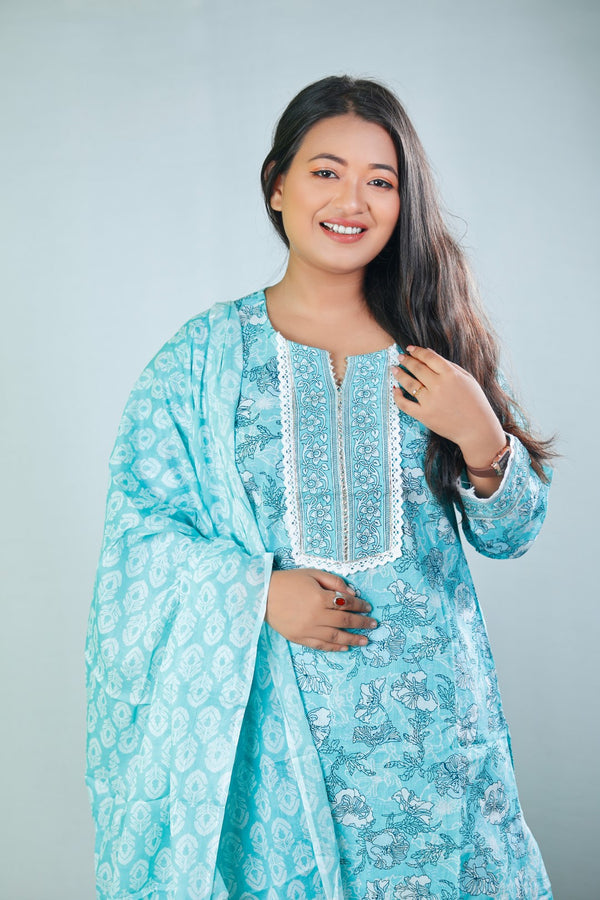 Aqua Blue Floral Printed Kurta with Pants and Dupatta