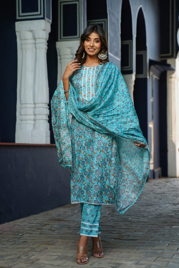 Light Blue Floral Printed Kurta with Pants and Dupatta