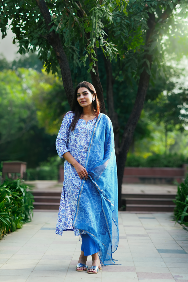 Blue and White Floral Suit