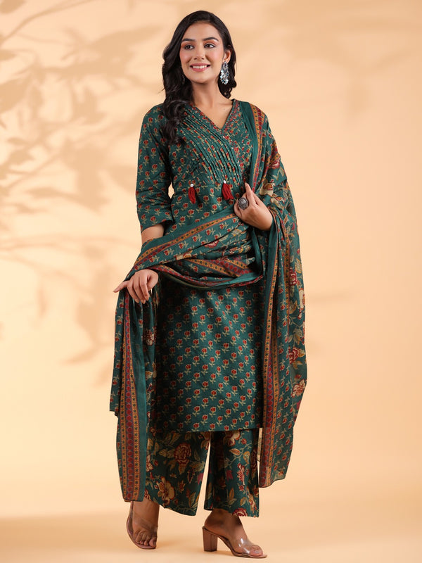 Bottle Green Print Kurta Pant and Dupatta Set