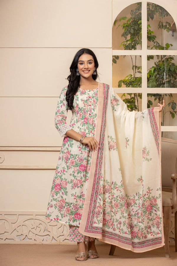 Cream Floral Printed A-line Flared Suit