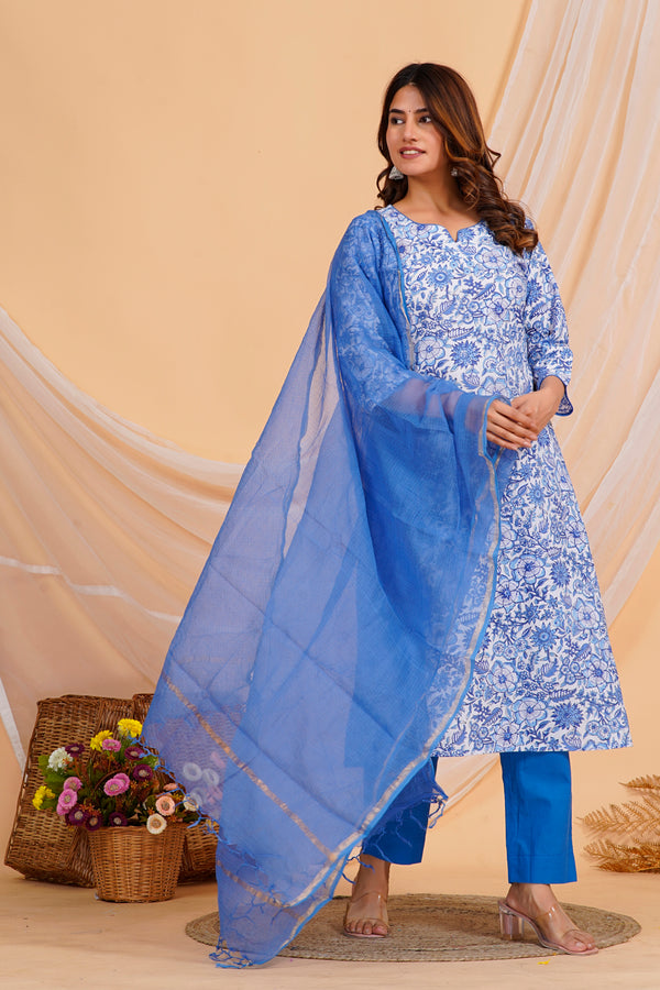 Blue Blossom Handblock Cotton Suit Set