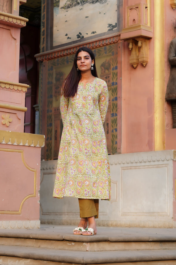 Green Floral Print Single Kurta