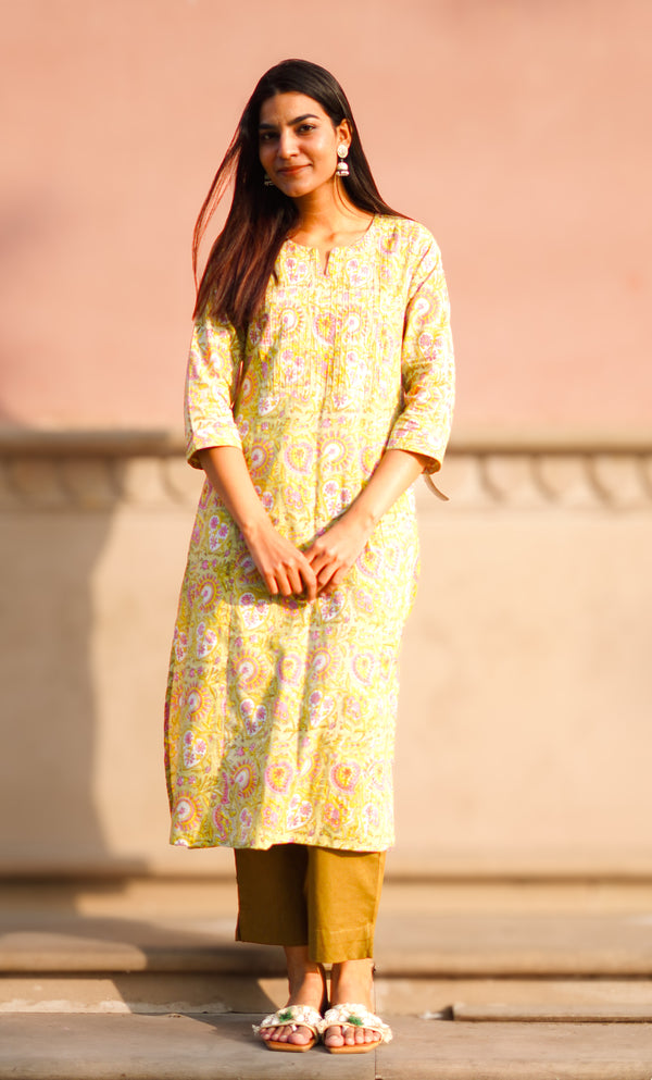 Green Floral Print Single Kurta