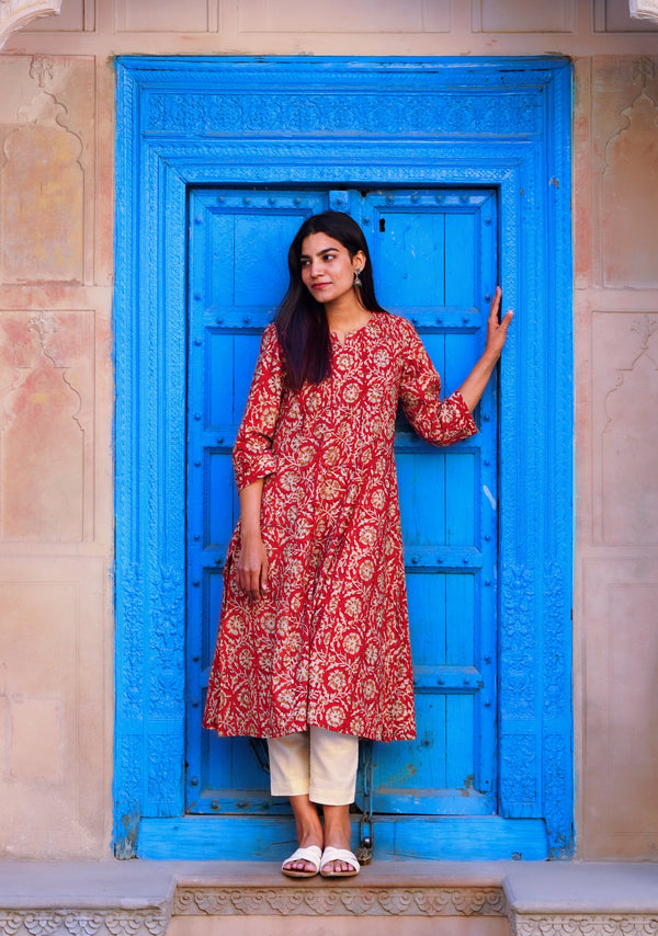 Red Floral Print Single Kurta