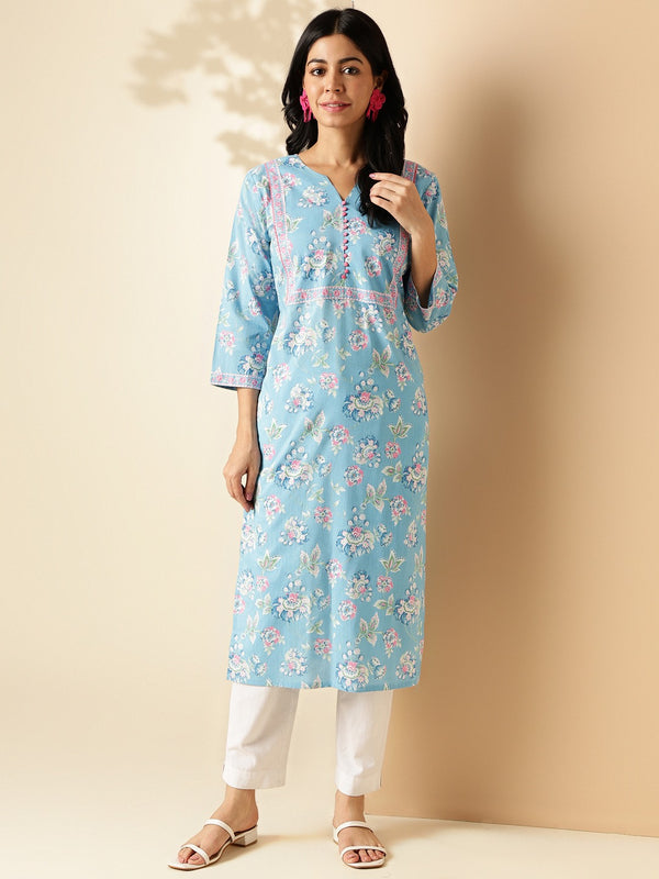 Light Blue Floral Print Single Kurta