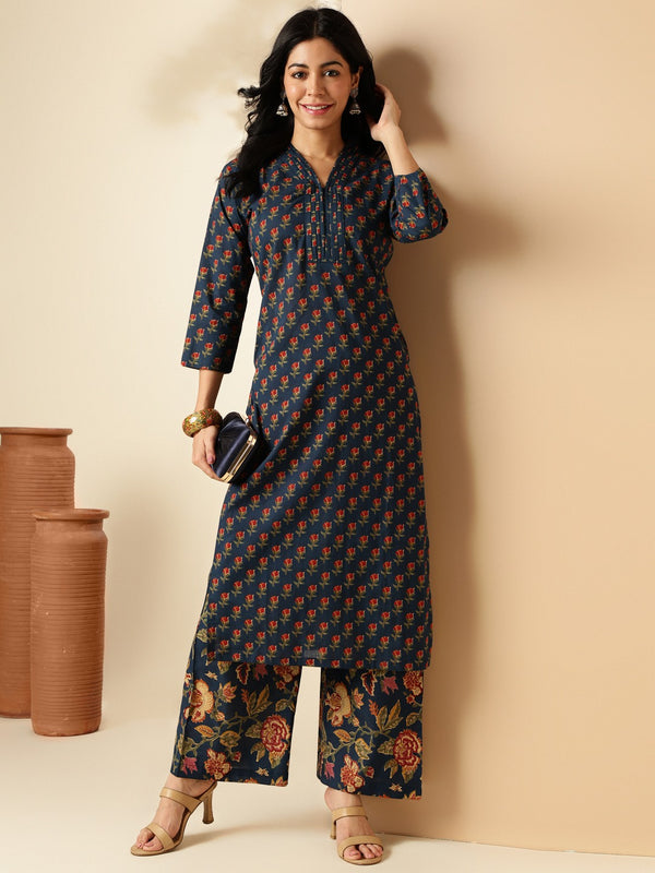 Midnight Blue Floral Print Kurta and Pant Set