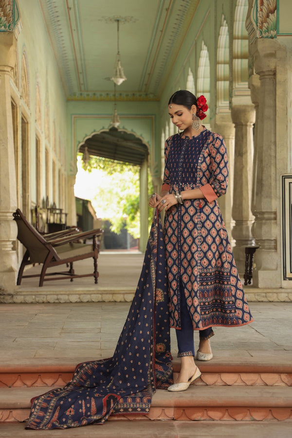 Navy Blue A-line Suit with Ethnic Motifs