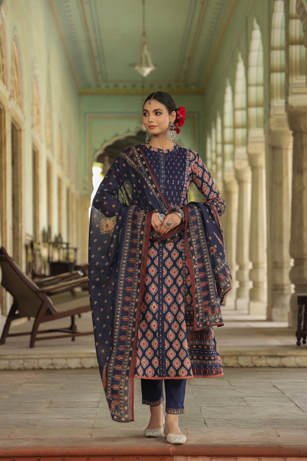 Navy Blue A-line Suit with Ethnic Motifs