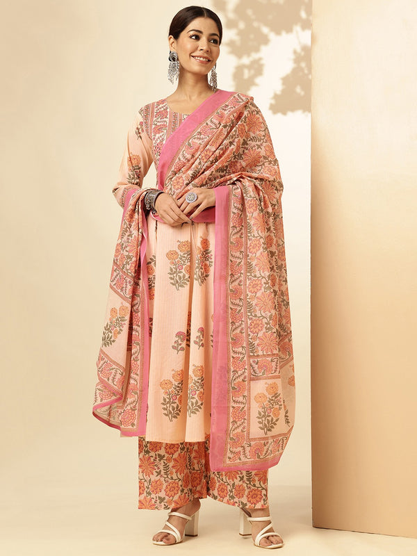 Peach Block Print Flared Suit