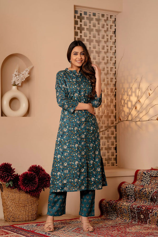 Peacock Blue A-line Kurta and Pant Set