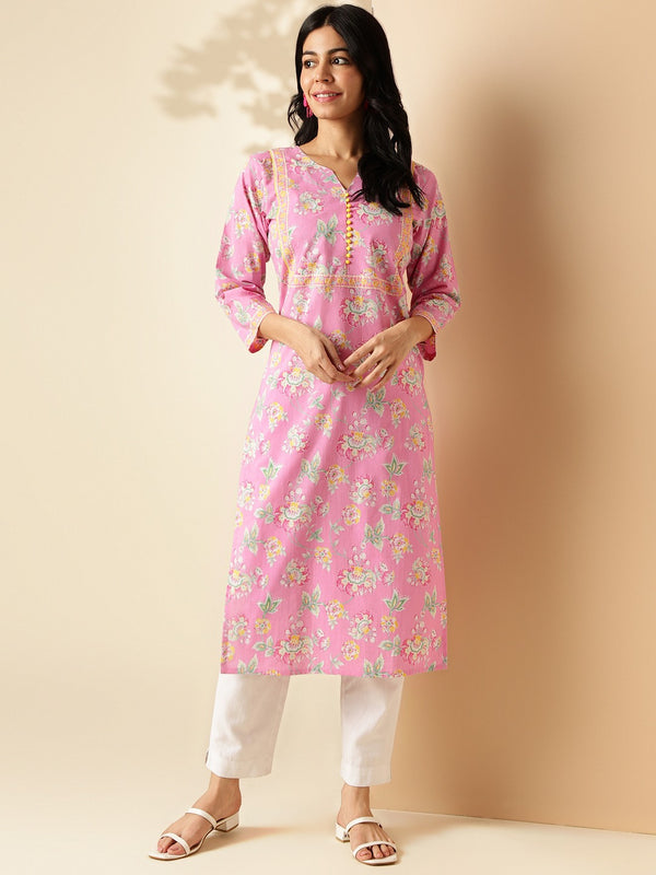 Pink Floral Print Single Kurta