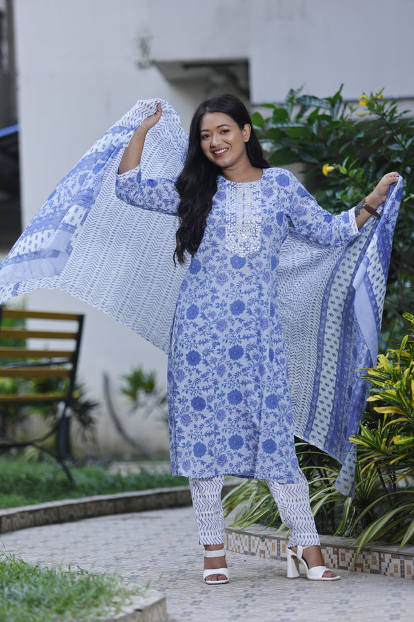 Powder Blue Floral Printed Kurta with Pants and Dupatta