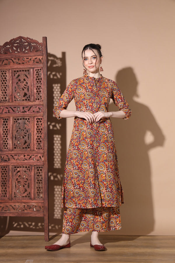 Red and Mustard Kalamkari Printed A-line Kurta and Pants Set