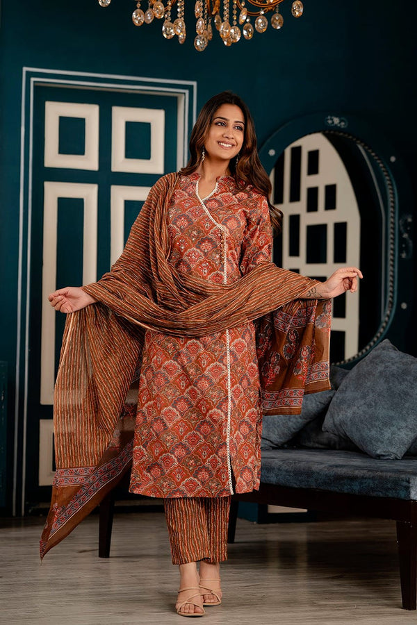 Red and Brown Suit with Ethnic Motifs