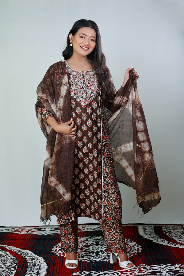 Rich brown kurta adorned with culturally inspired ethnic motifs with Pants and Dupatta