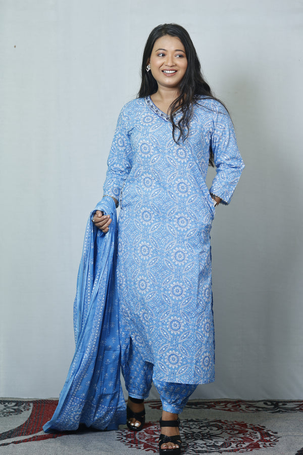 Turquoise Blue Floral Printed Kurta with Afghani Pants and Dupatta