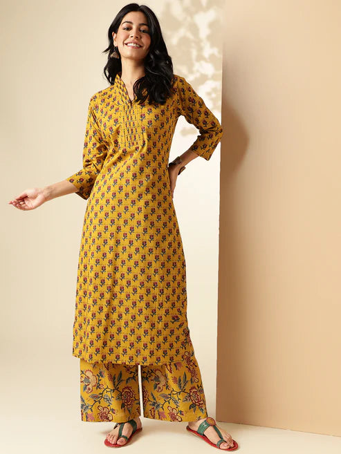Mustard Floral Print Kurta and Pant Set