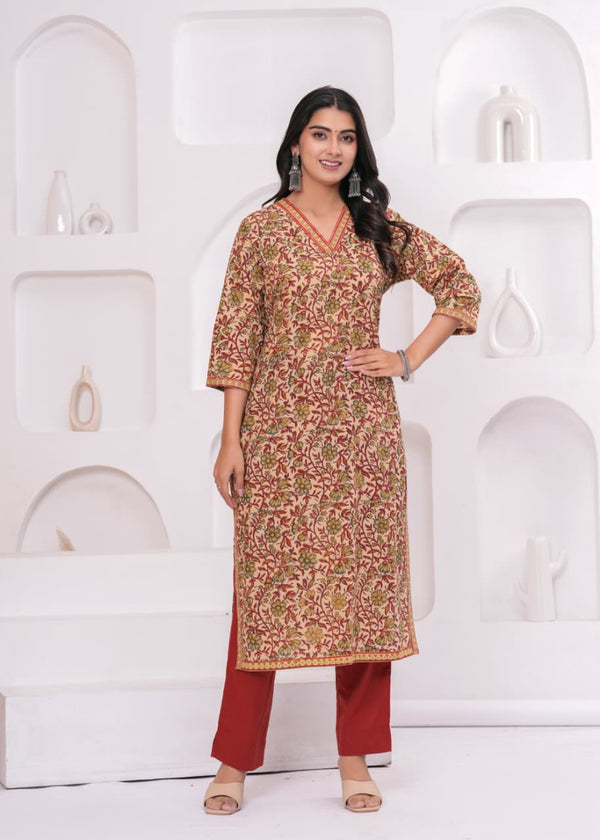 Beige Blosson Handblock Single Kurta
