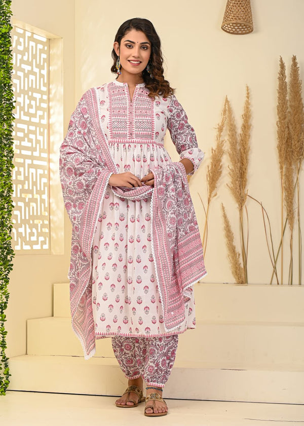 White Floral Print Nyra Suit Set