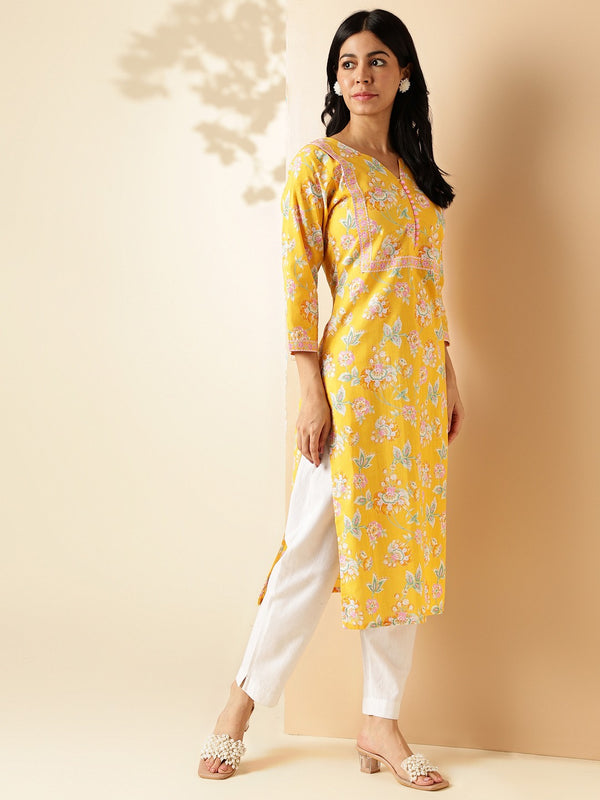 Yellow Floral Print Single Kurta