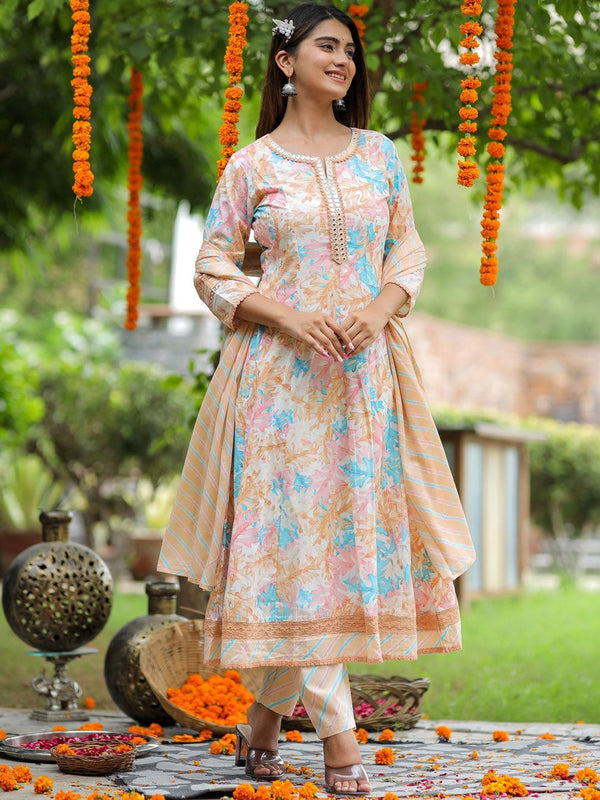 Peach and Blue Leaf Cotton Kurta Set